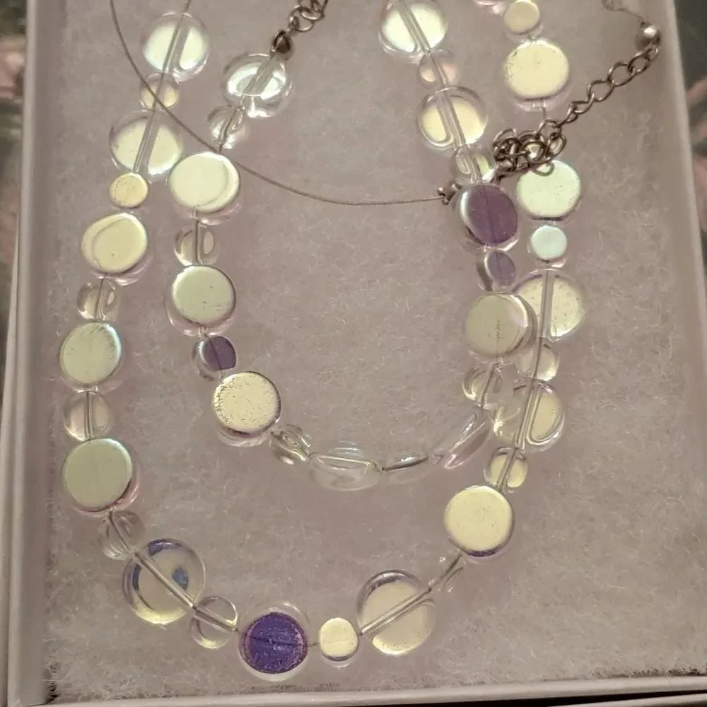 Handmade Necklace & Bracelet SET Glass Semi-Transparent Flat Round Iridescent